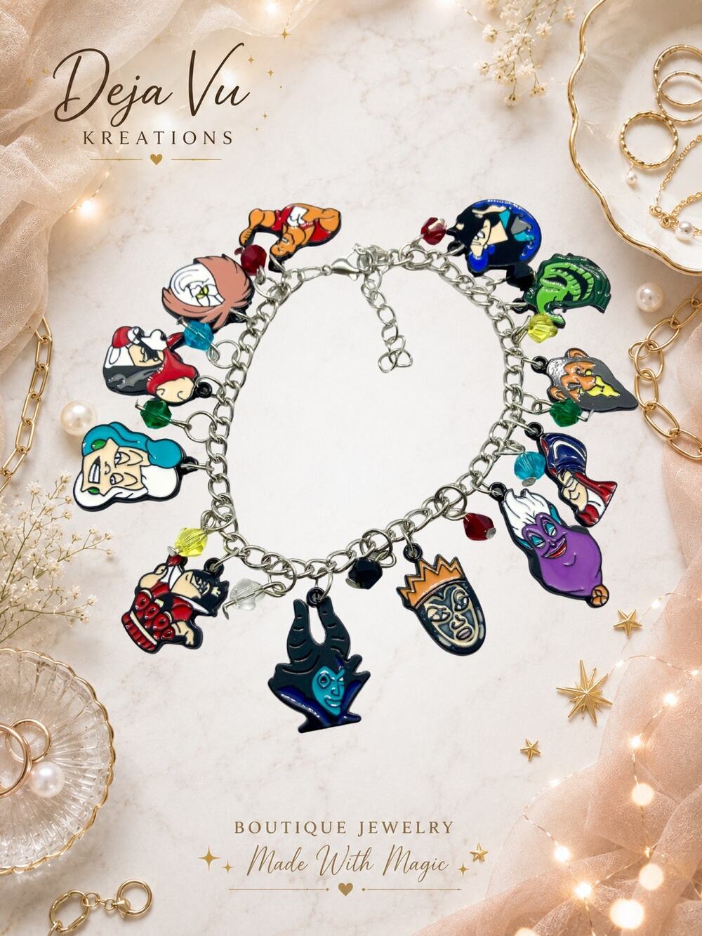 Classic Disney Villains Charm Bracelet | Ursula Maleficent Cruella Jafar Scar